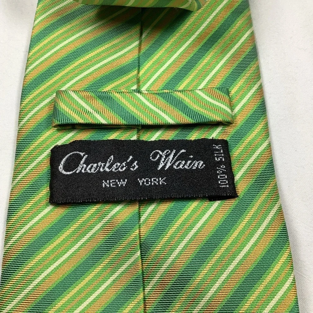 Charles's Wain NY‎ Green Yellow Striped 100% Silk Men's Neck Tie